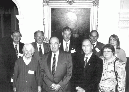 Inaugural Henry Parkes Foundation Board of Advisers, with the Foundation's patron, the Hon. Gordon Samuels, Governor of New South Wales, and the Deputy Speaker, Mr John Price, at the Foundation's launch in June 1999. Left to right: Professor Brian Fletcher (Chair), Mrs Jane Gray, Mr Ian Thom, His Excellency the Governor, Mr Alan Ventress, the Hon. John Price, Professor Peter Webber, Ms Ellen Elzey, Dr Helen Irving. Not present: Dr Neal Blewett
